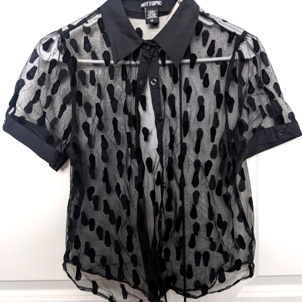 NEW Hot Topic See Through Button Up Crop Top Goth Coffin Print Small